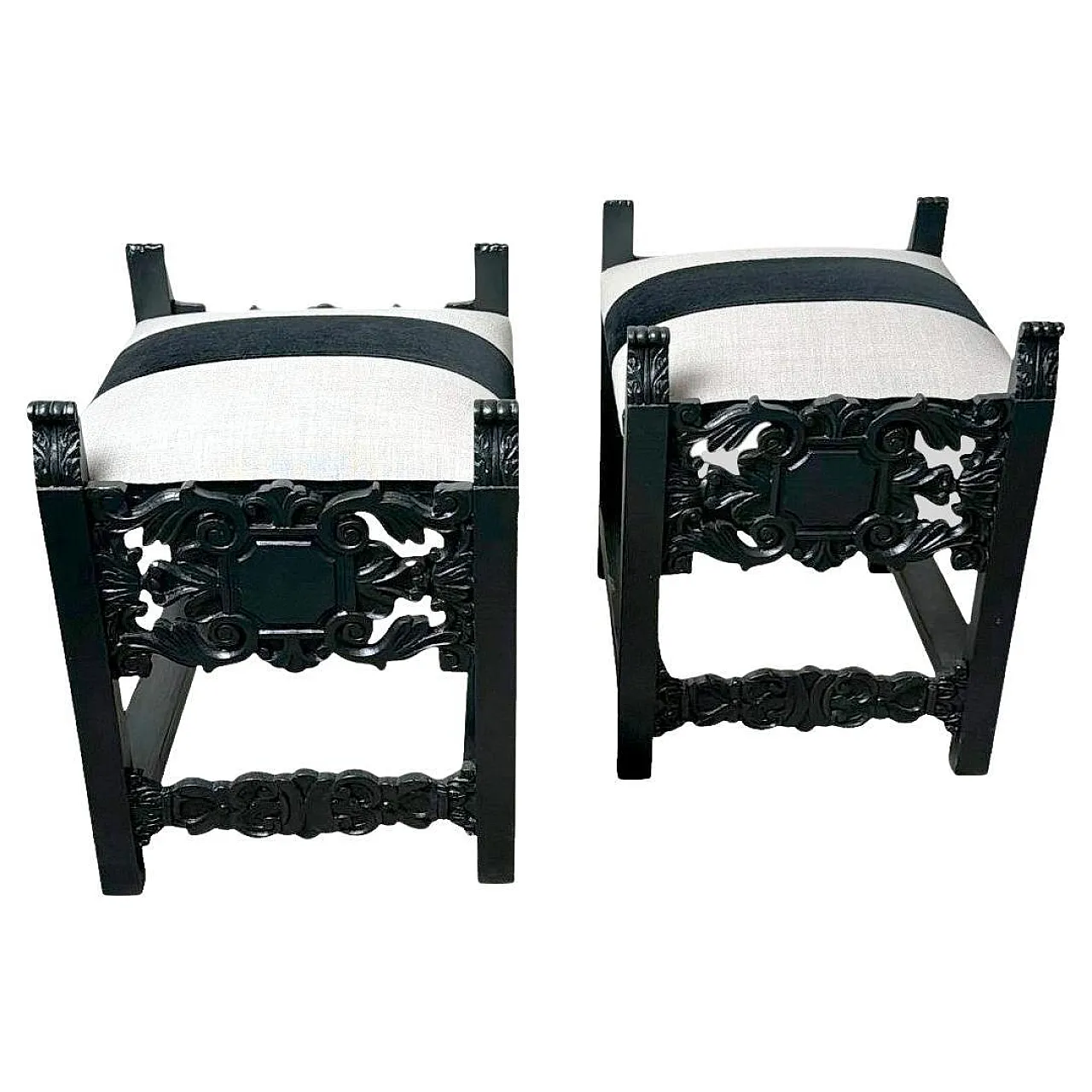 Pair of revival stools with linen and velvet seats, early 20th century 1