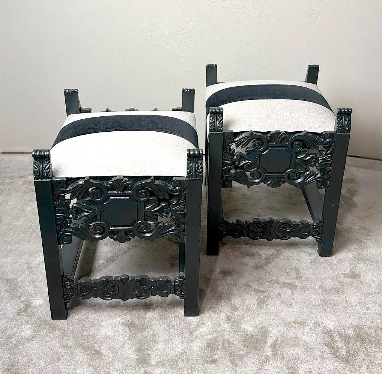 Pair of revival stools with linen and velvet seats, early 20th century 2