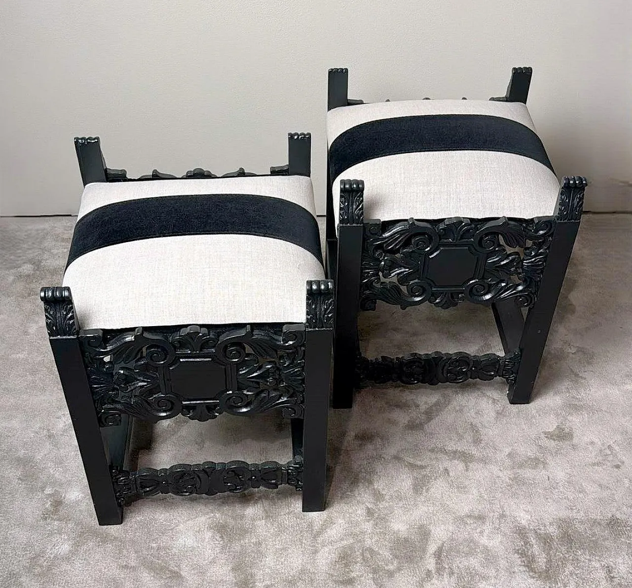 Pair of revival stools with linen and velvet seats, early 20th century 3