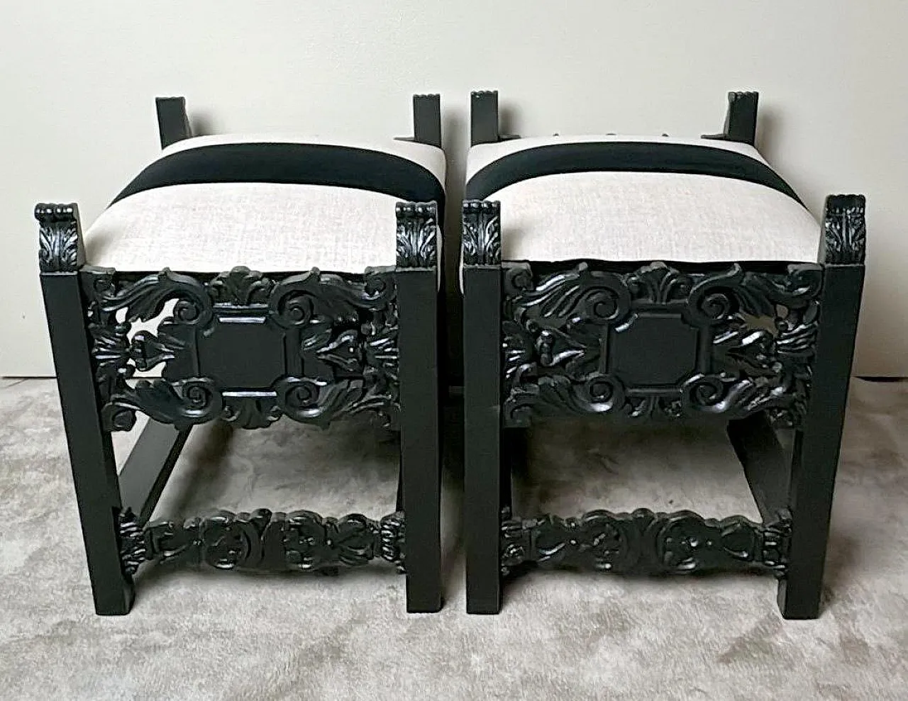 Pair of revival stools with linen and velvet seats, early 20th century 4