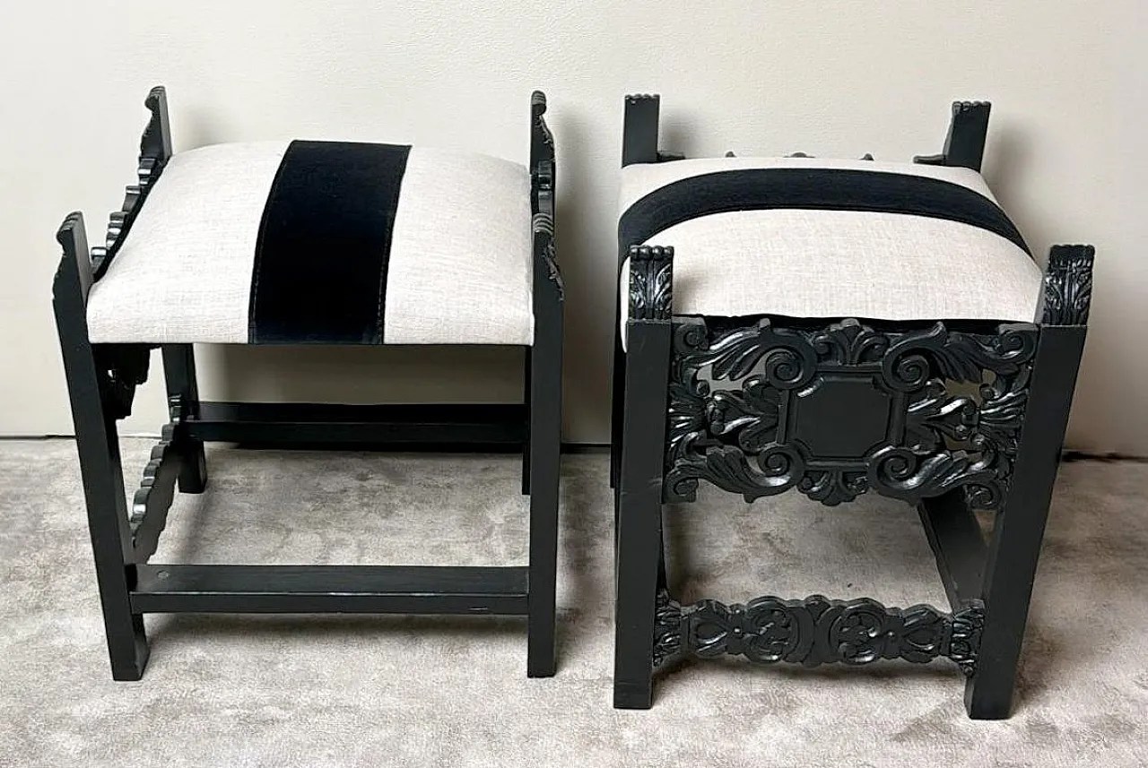 Pair of revival stools with linen and velvet seats, early 20th century 8