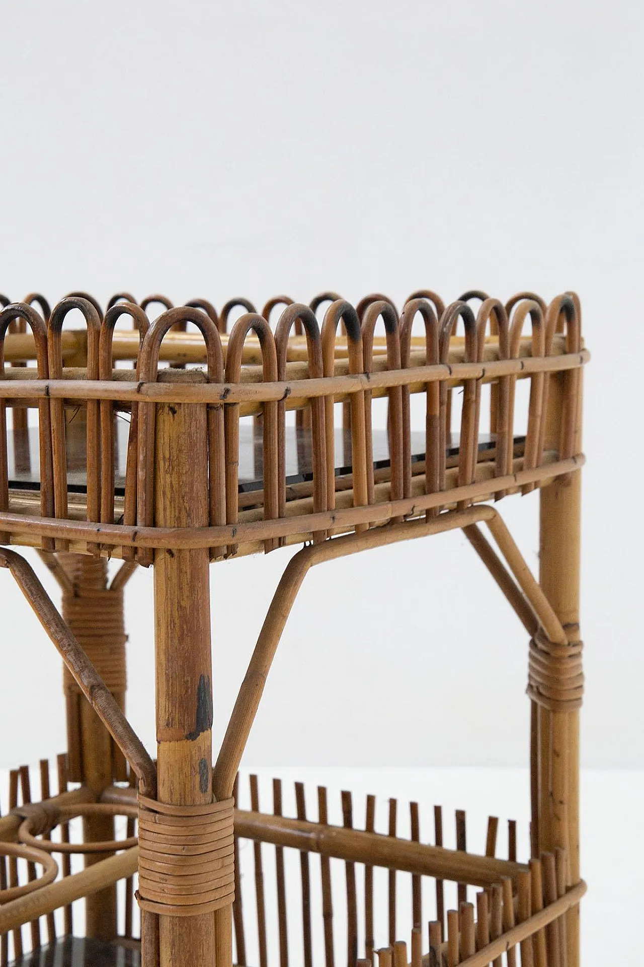 Bar cart in bamboo and black glass, 1960s 4