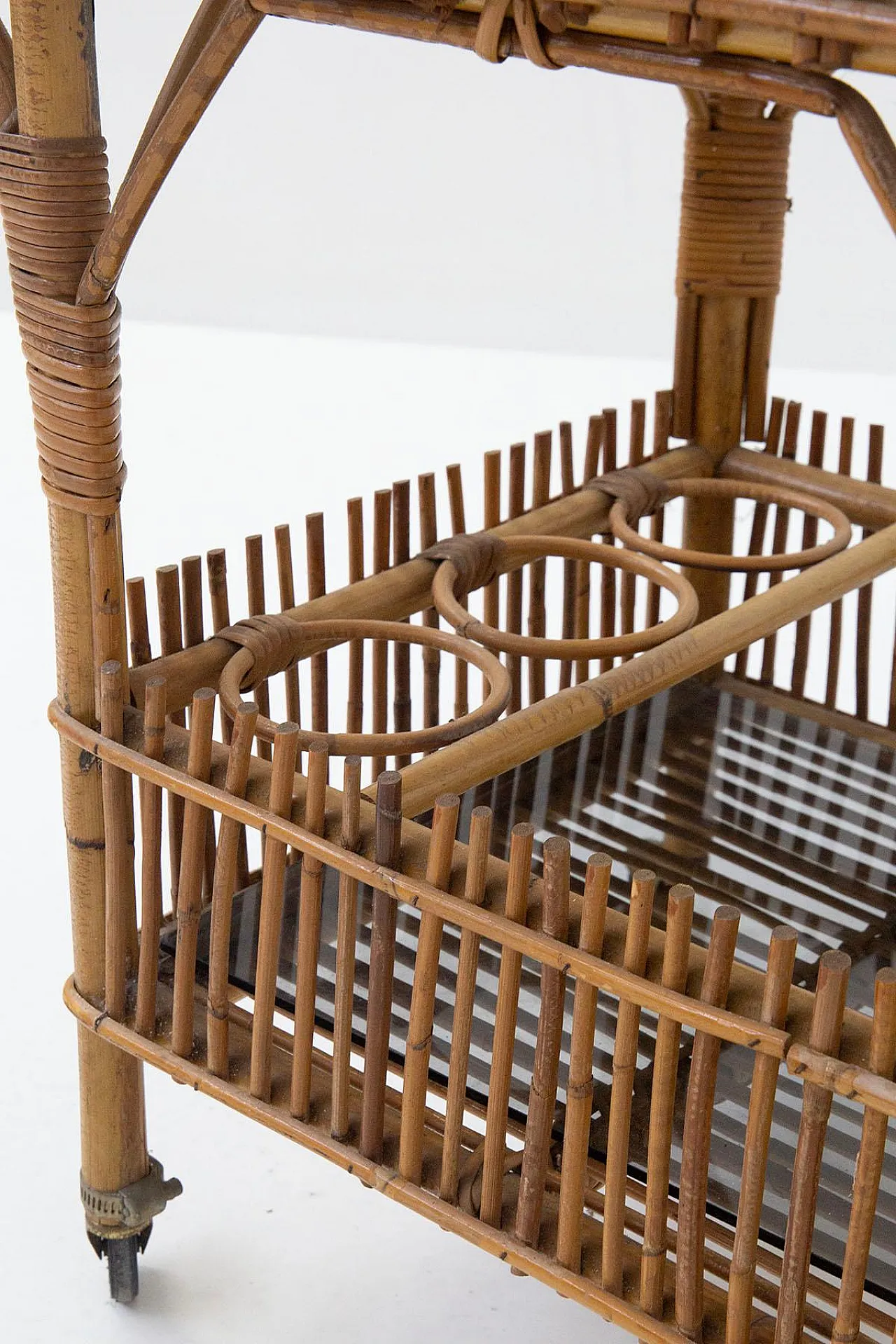 Bar cart in bamboo and black glass, 1960s 7