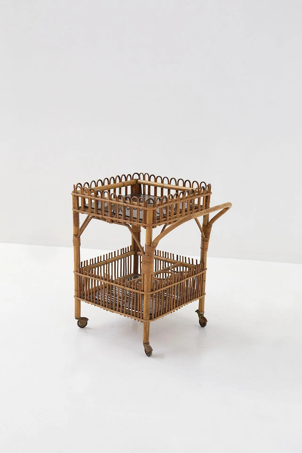 Bar cart in bamboo and black glass, 1960s 2