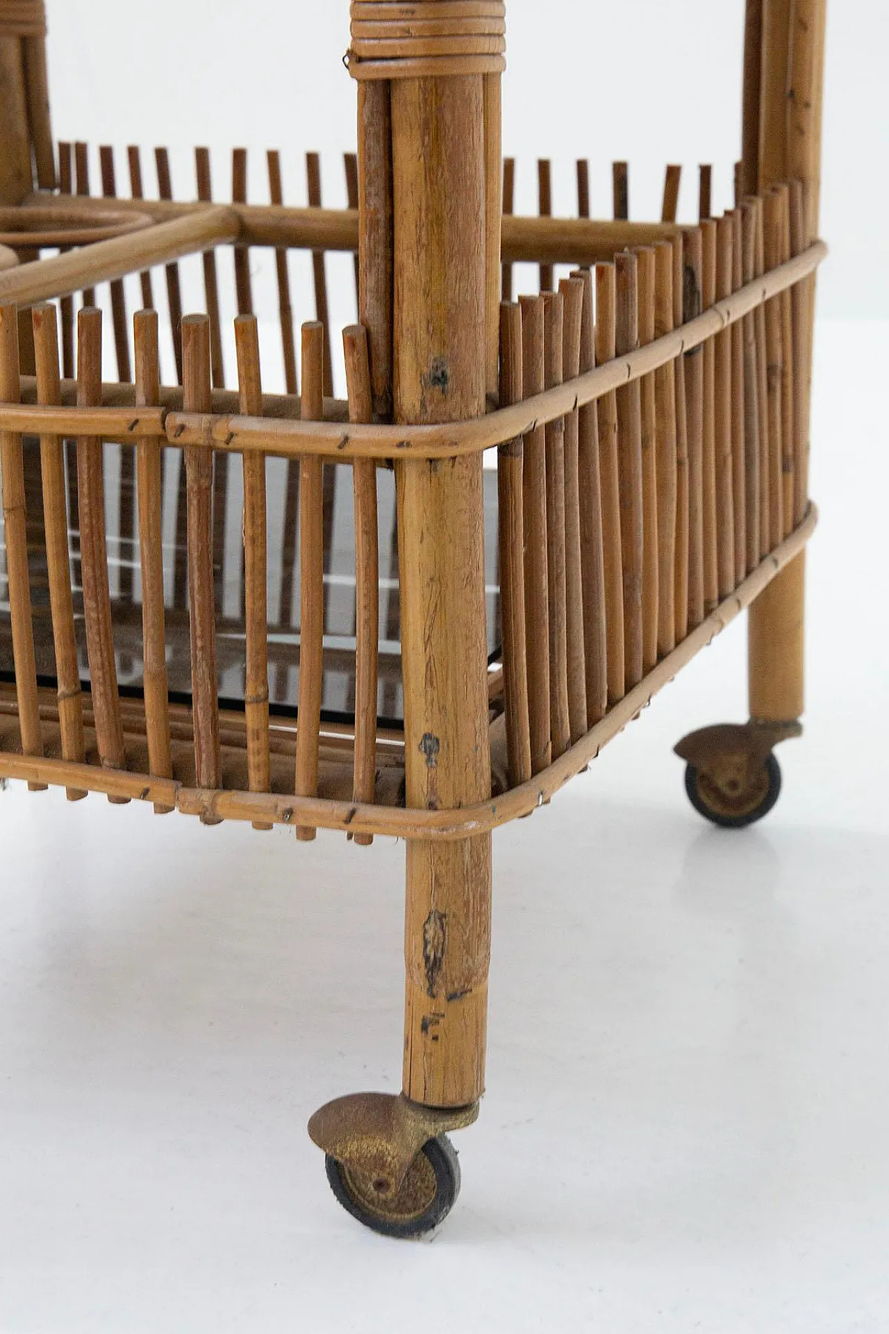 Bar cart in bamboo and black glass, 1960s 6