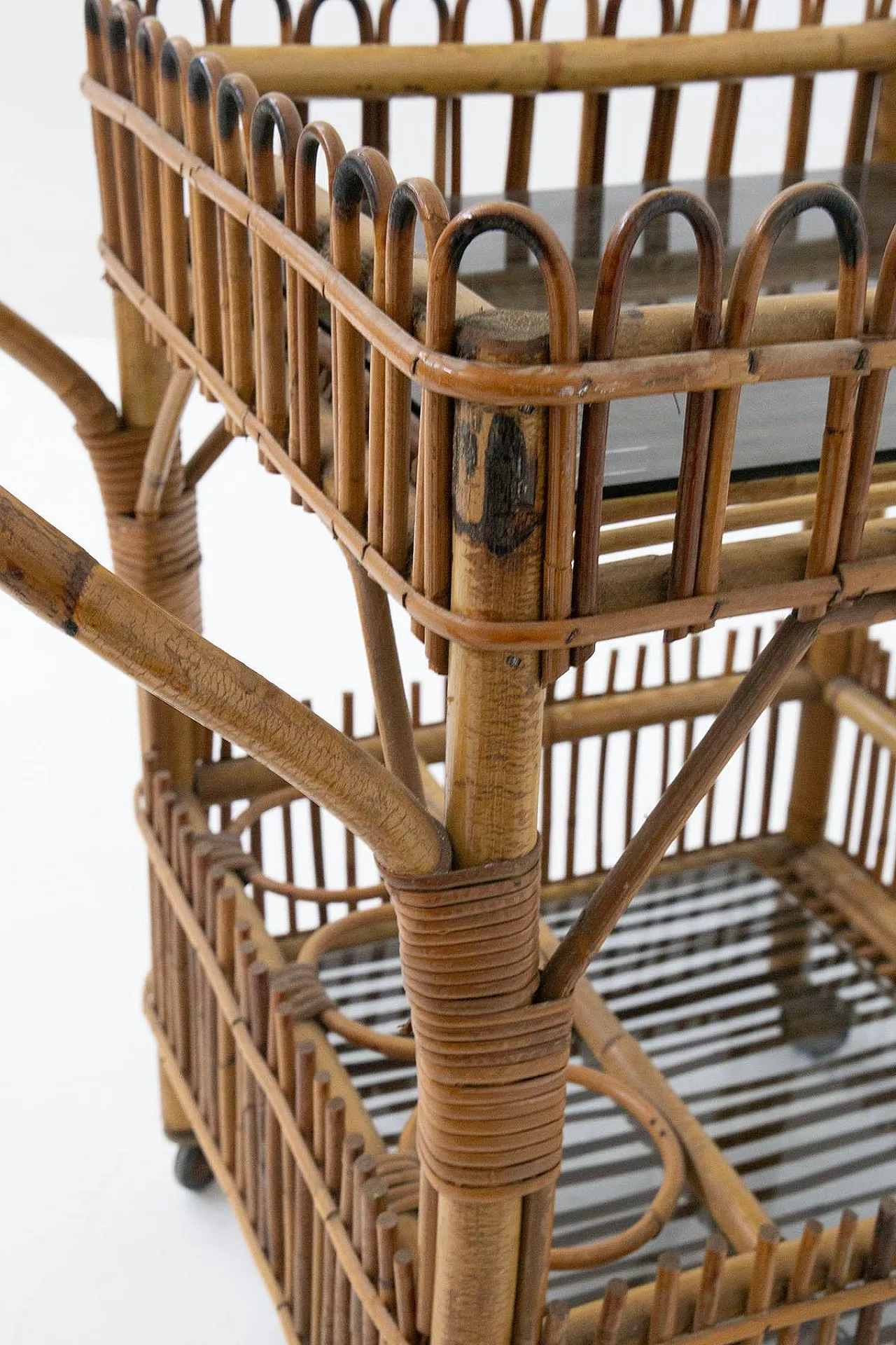 Bar cart in bamboo and black glass, 1960s 10