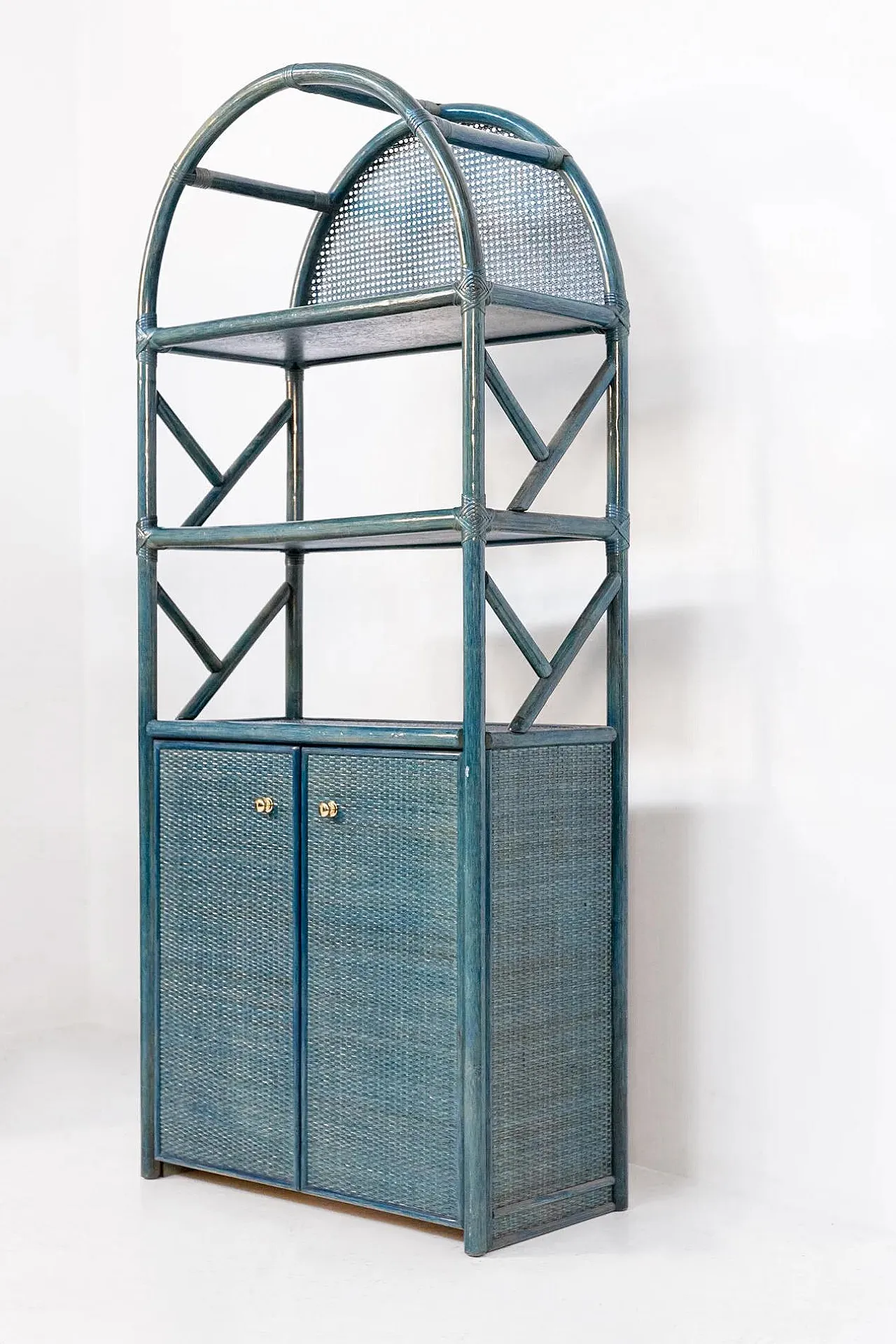 Bookcase in green bamboo, rattan and brass, 1980s 2