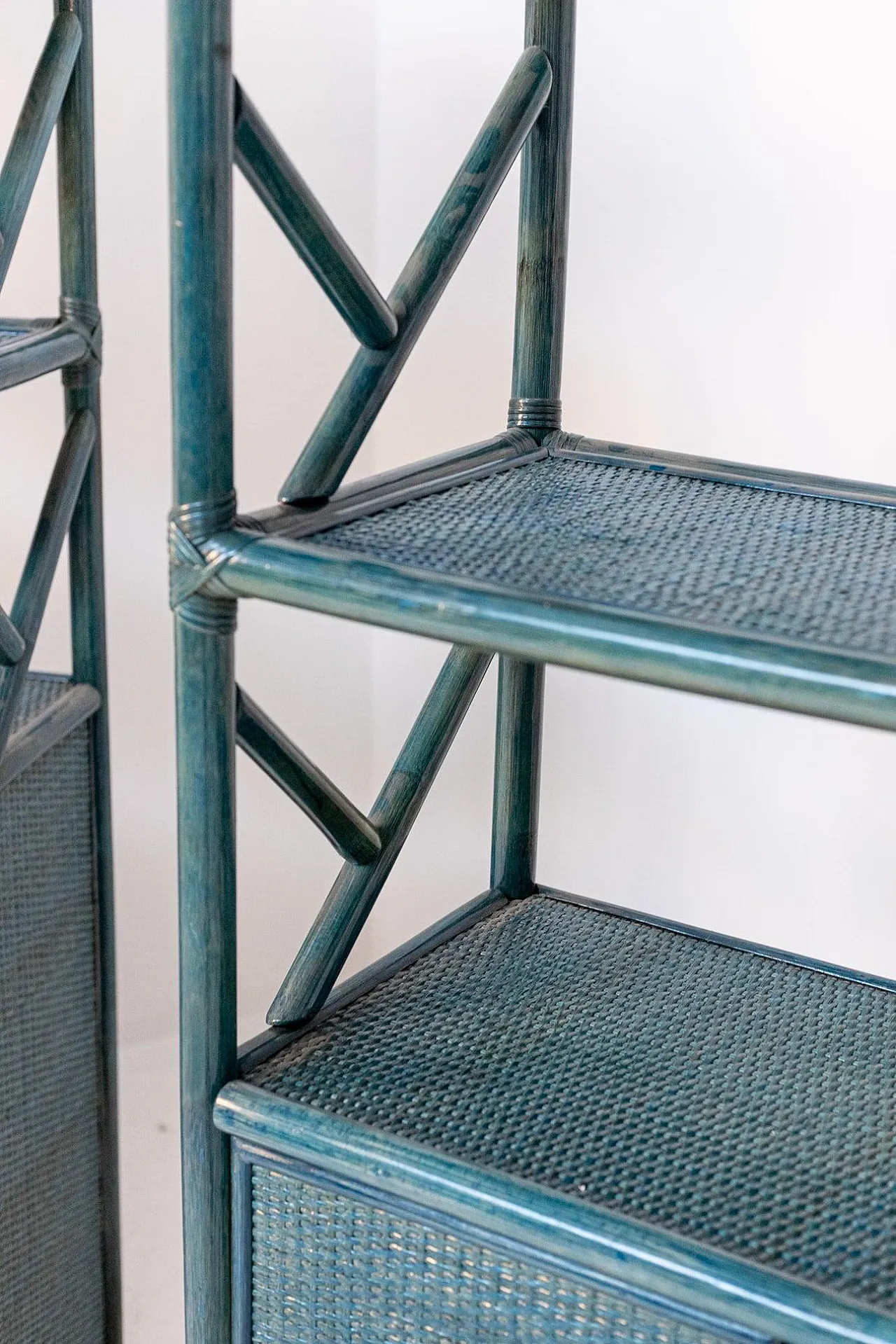 Bookcase in green bamboo, rattan and brass, 1980s 3