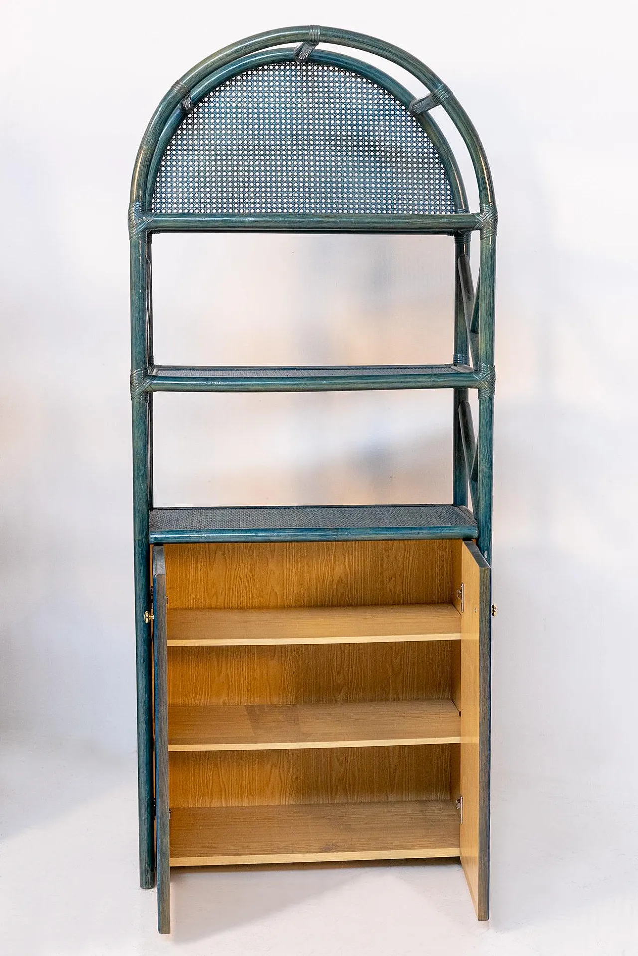 Bookcase in green bamboo, rattan and brass, 1980s 4