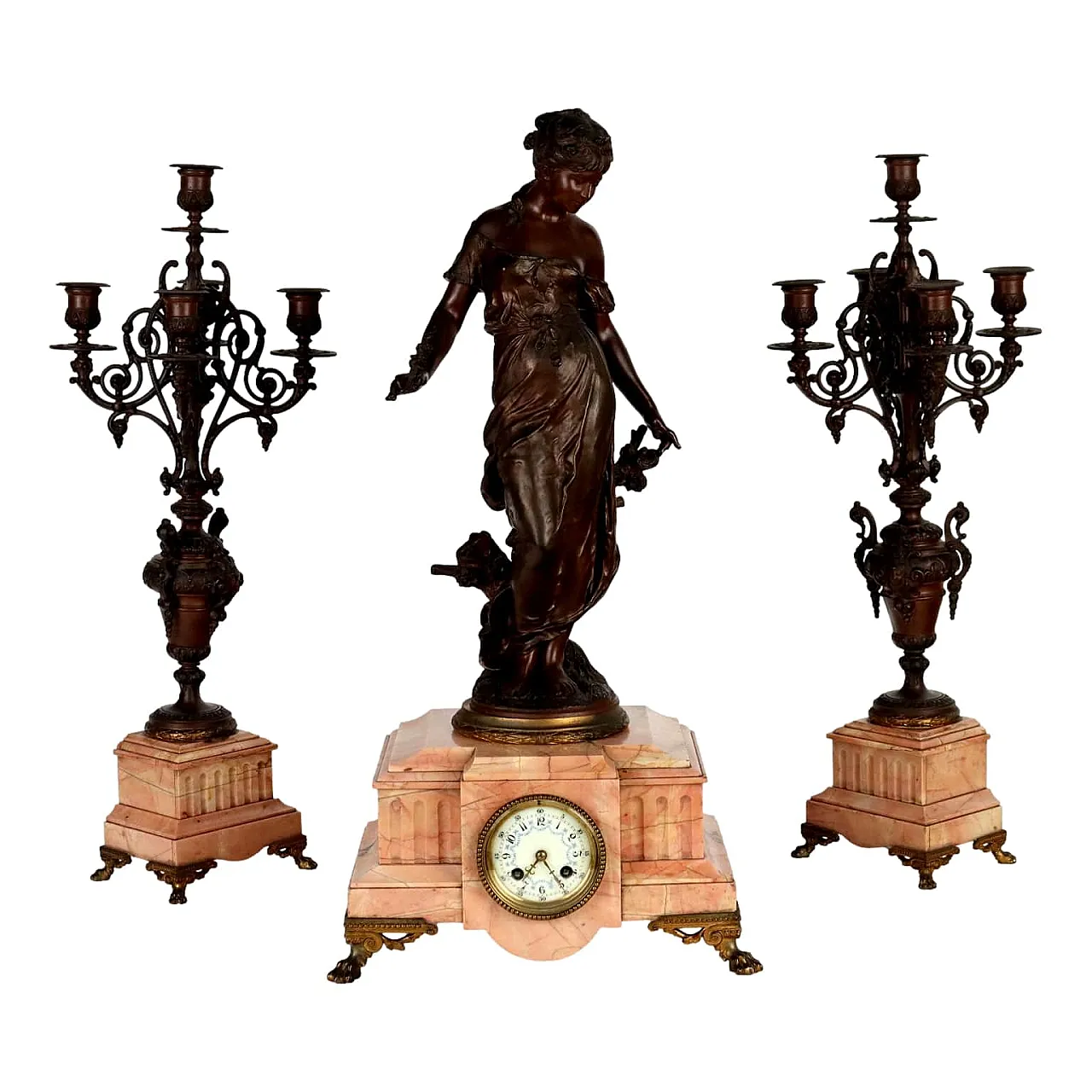 Pink marble & antimony clock and candelabras triptych, 19th century 1