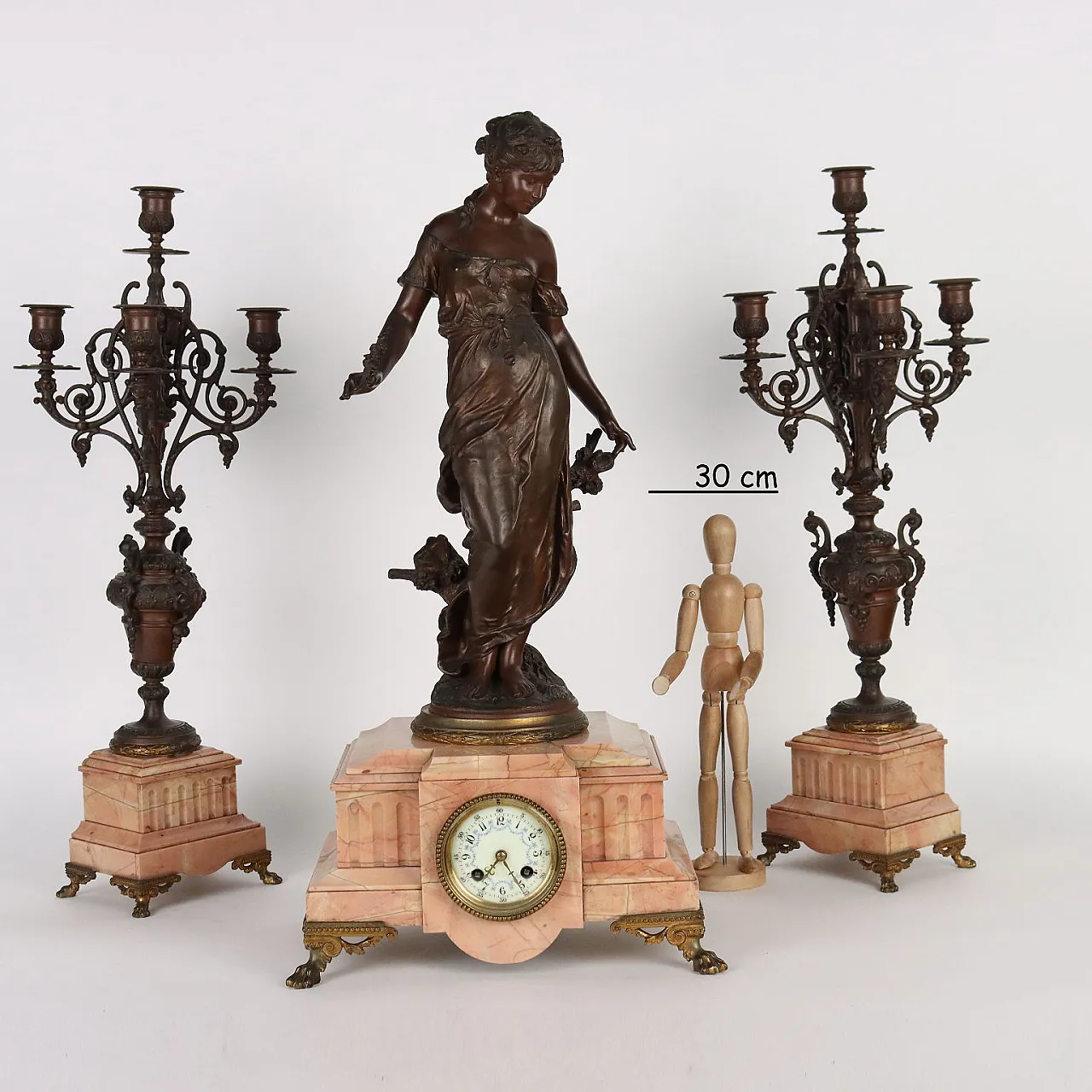 Pink marble & antimony clock and candelabras triptych, 19th century 2