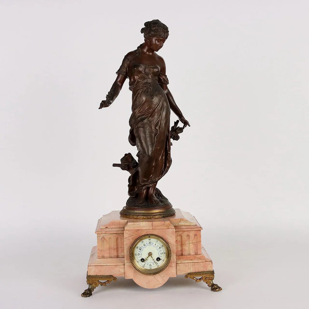 Pink marble & antimony clock and candelabras triptych, 19th century 3