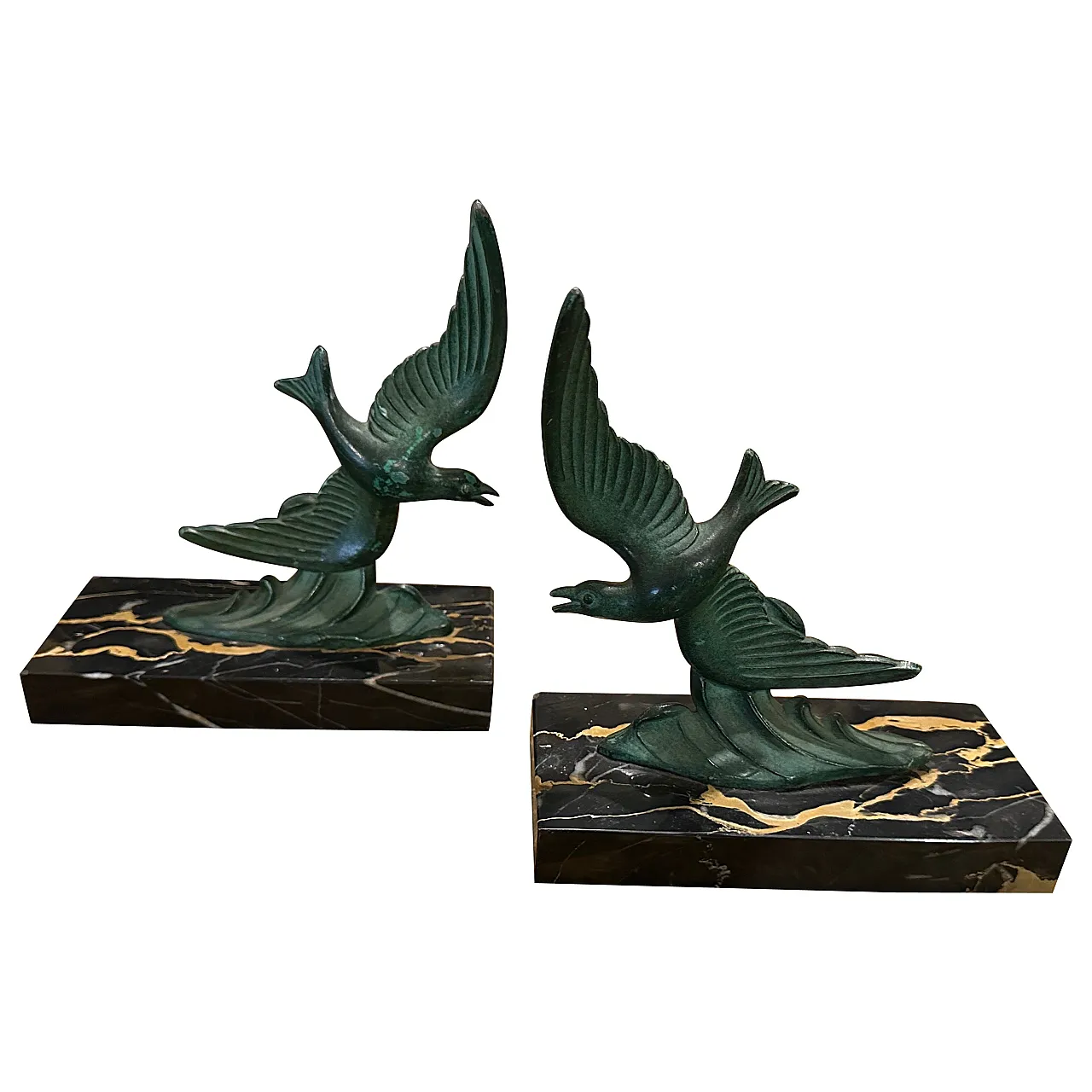 Pair of bird-shaped marble and metal bookcase holders, 1930s 1