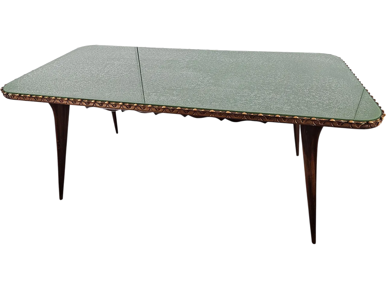 Table in carved wood with decorated green glass top, 60s 23