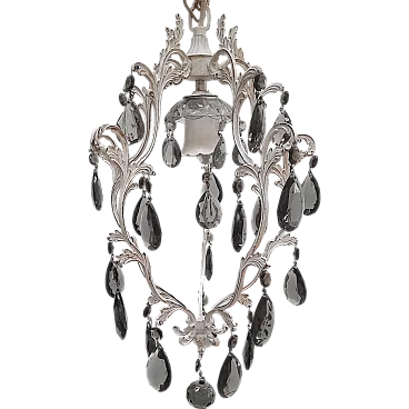 Chandelier in white painted brass with black crystals, 60s