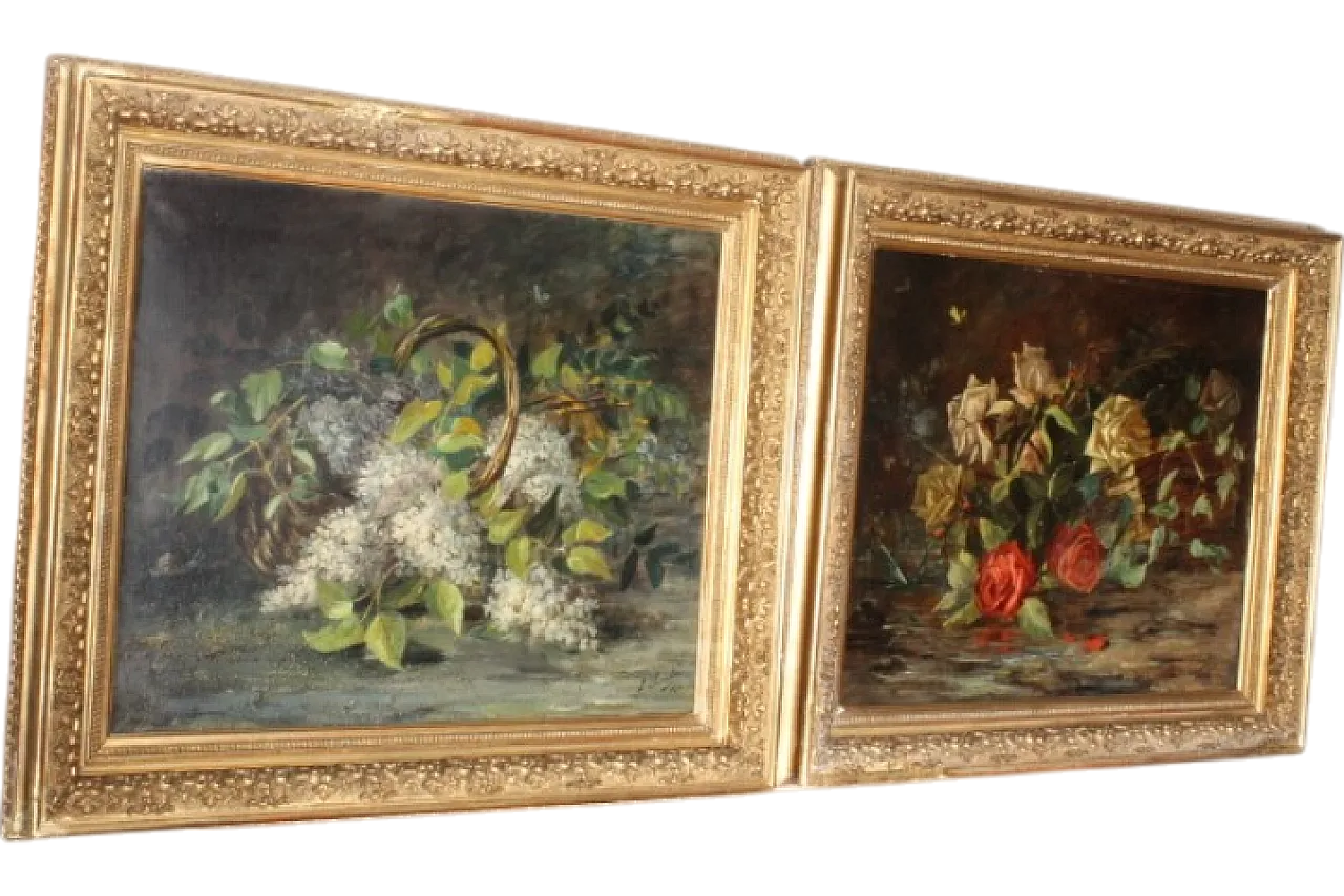 Pair of oil on canvas paintings of flowers, signed, 1892 15