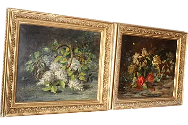 Pair of oil on canvas paintings of flowers, signed, 1892