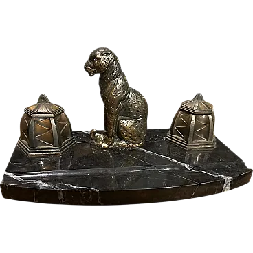 French inkwell in black and white marble and metal, 1920s