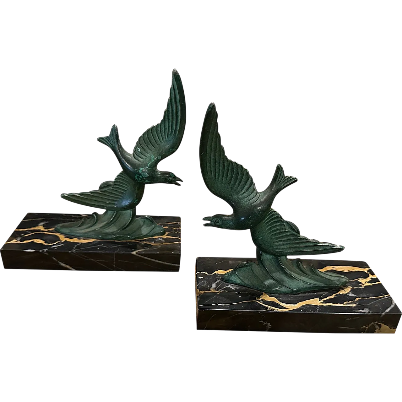 Pair of bird-shaped marble and metal bookcase holders, 1930s 11