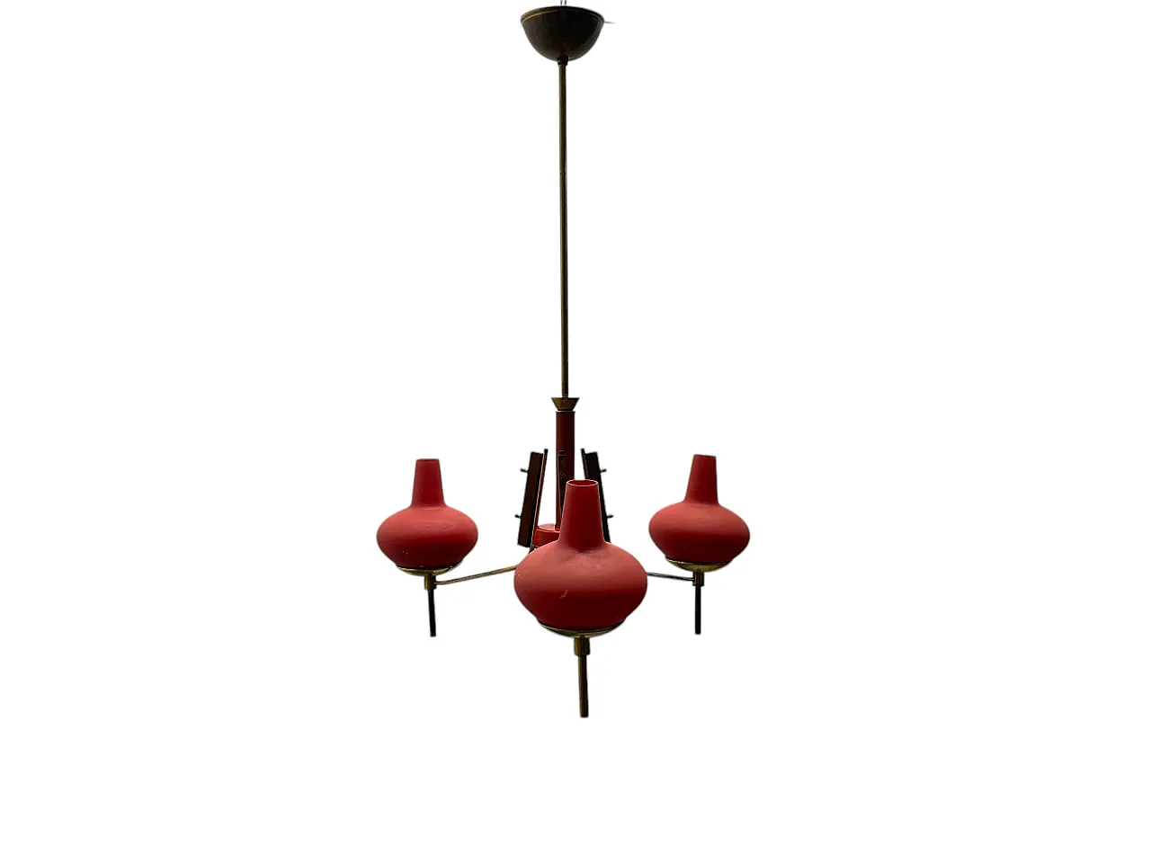 Red Brass Opaline Glass Chandelier, 1950s 1