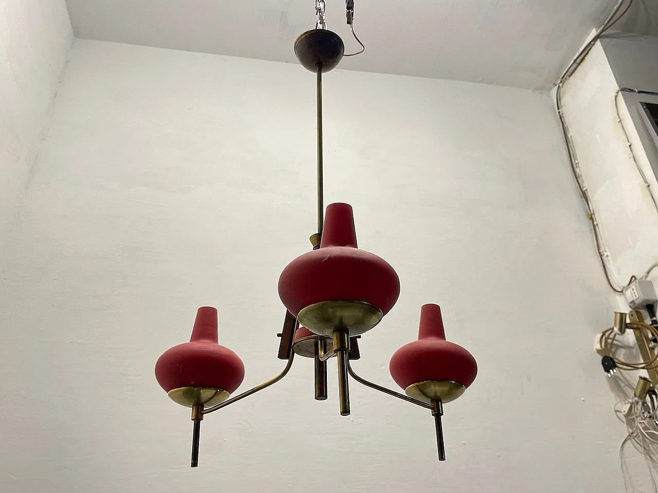 Red Brass Opaline Glass Chandelier, 1950s 2