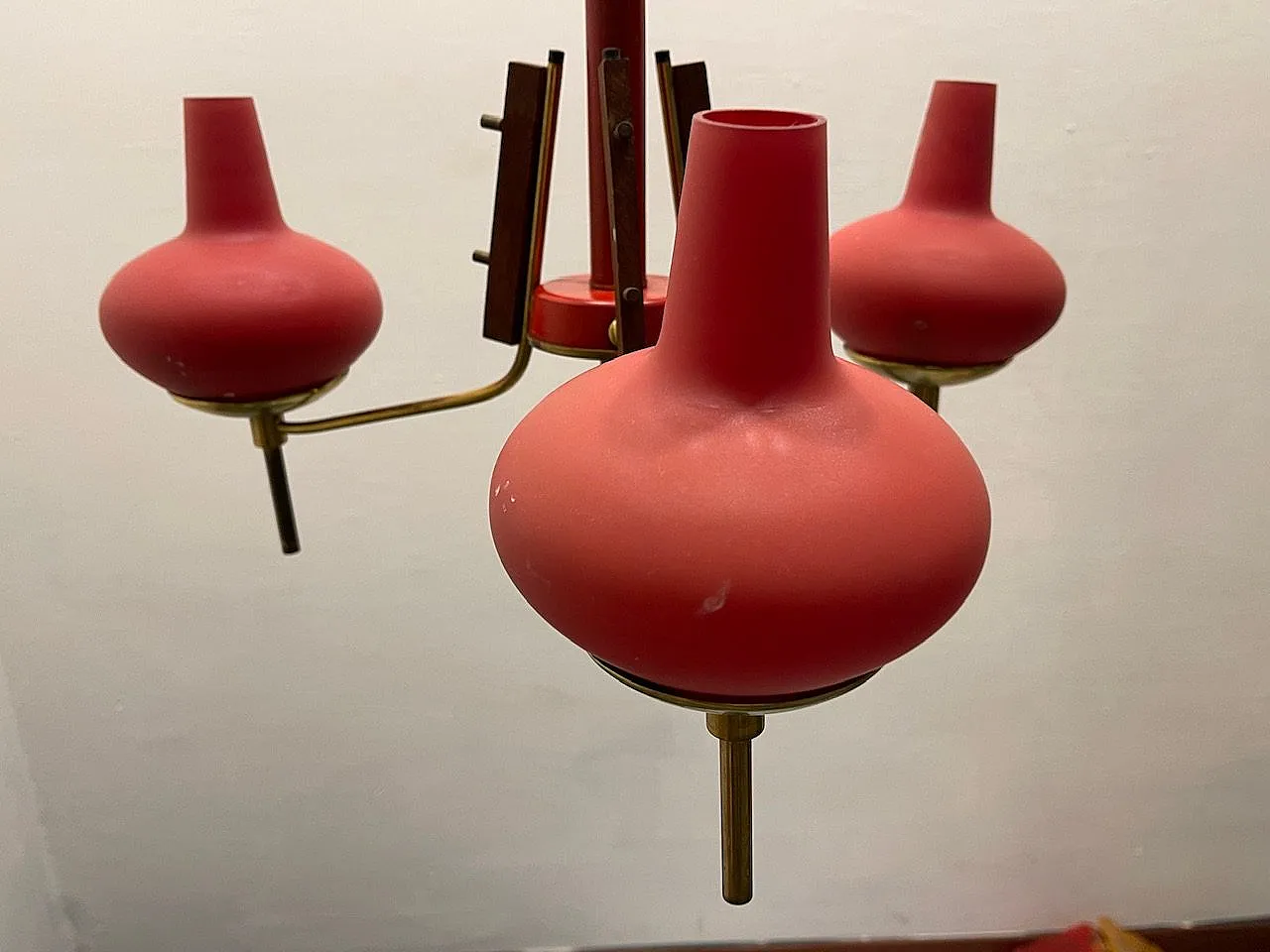 Red Brass Opaline Glass Chandelier, 1950s 4