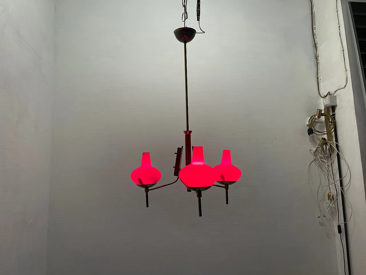 Red Brass Opaline Glass Chandelier, 1950s 7