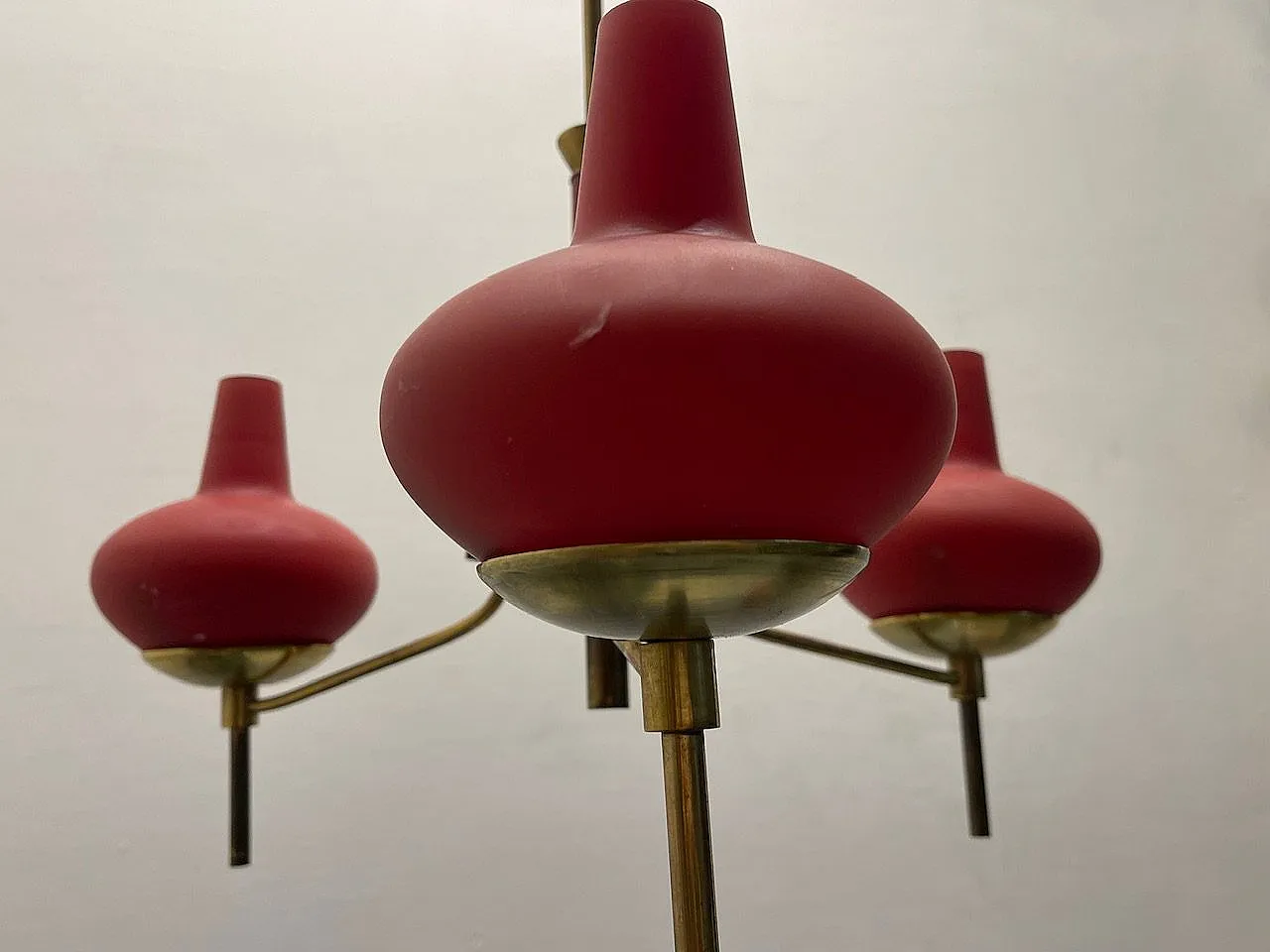 Red Brass Opaline Glass Chandelier, 1950s 9