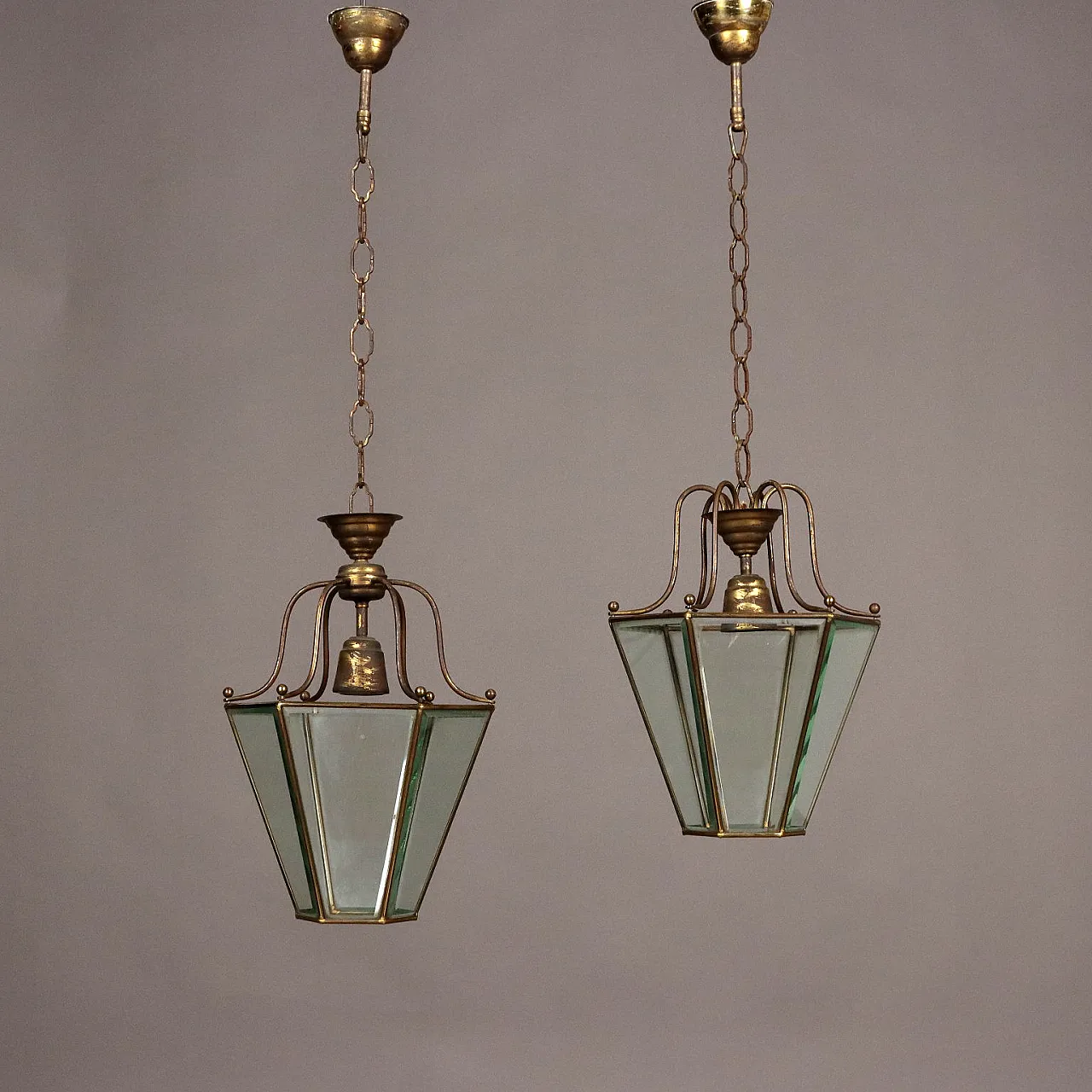 Pair of lanterns in metal and glass Italy, 20th Century 1