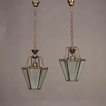 Pair of lanterns in metal and glass Italy, 20th Century