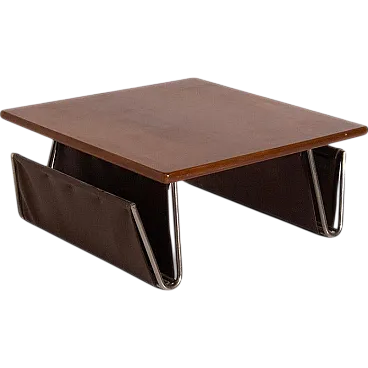 Coffee table with magazine rack in leather, metal and wood, 1960s