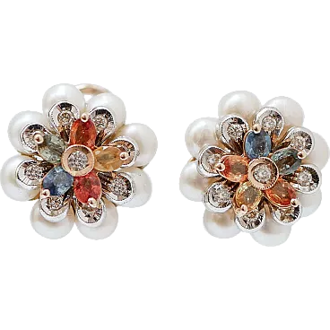 Gold flower earrings with sapphires, diamonds and pearls, 1980s