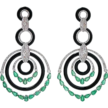 Earrings with emeralds, onyx, diamonds, platinum and white gold, 1970s