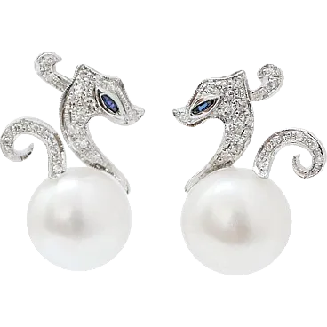 Platinum earrings with white pearls, sapphires and diamonds, 1960s