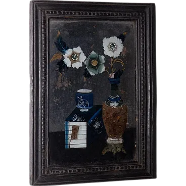 Antique reverse glass painting with floral composition, '800