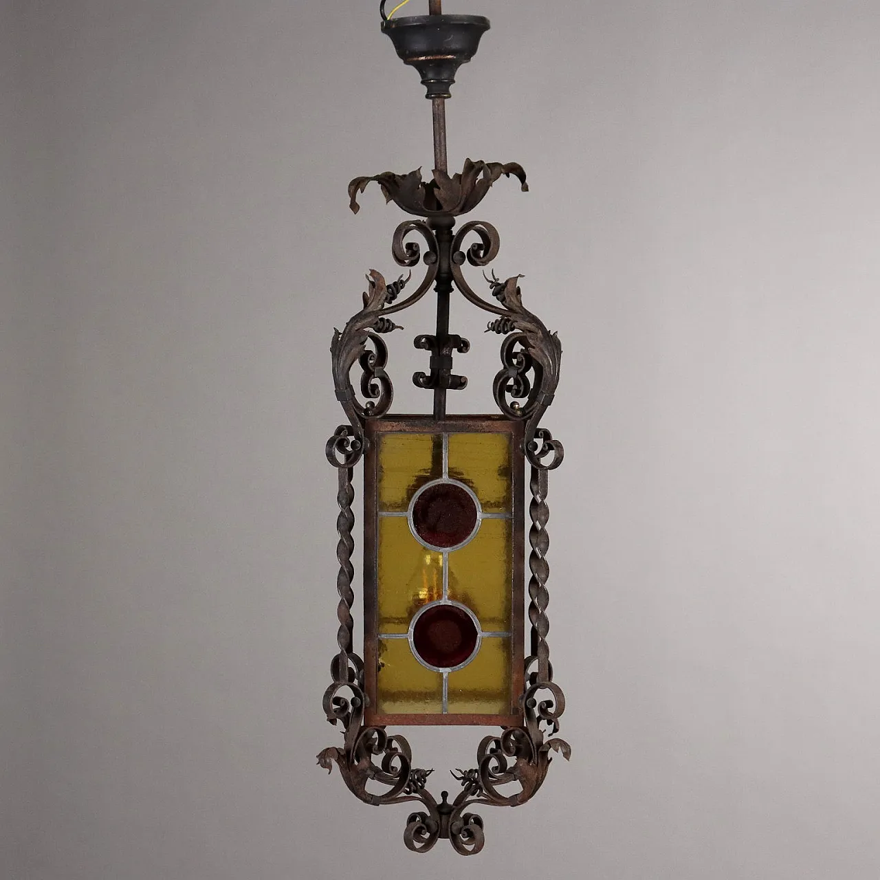 Art Nouveau lantern in wrought iron & leaded glass, 19th century 1