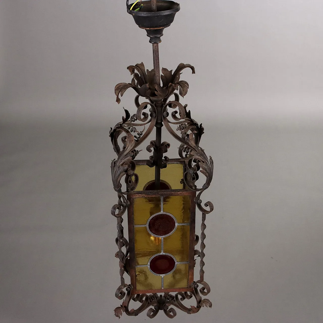 Art Nouveau lantern in wrought iron & leaded glass, 19th century 7