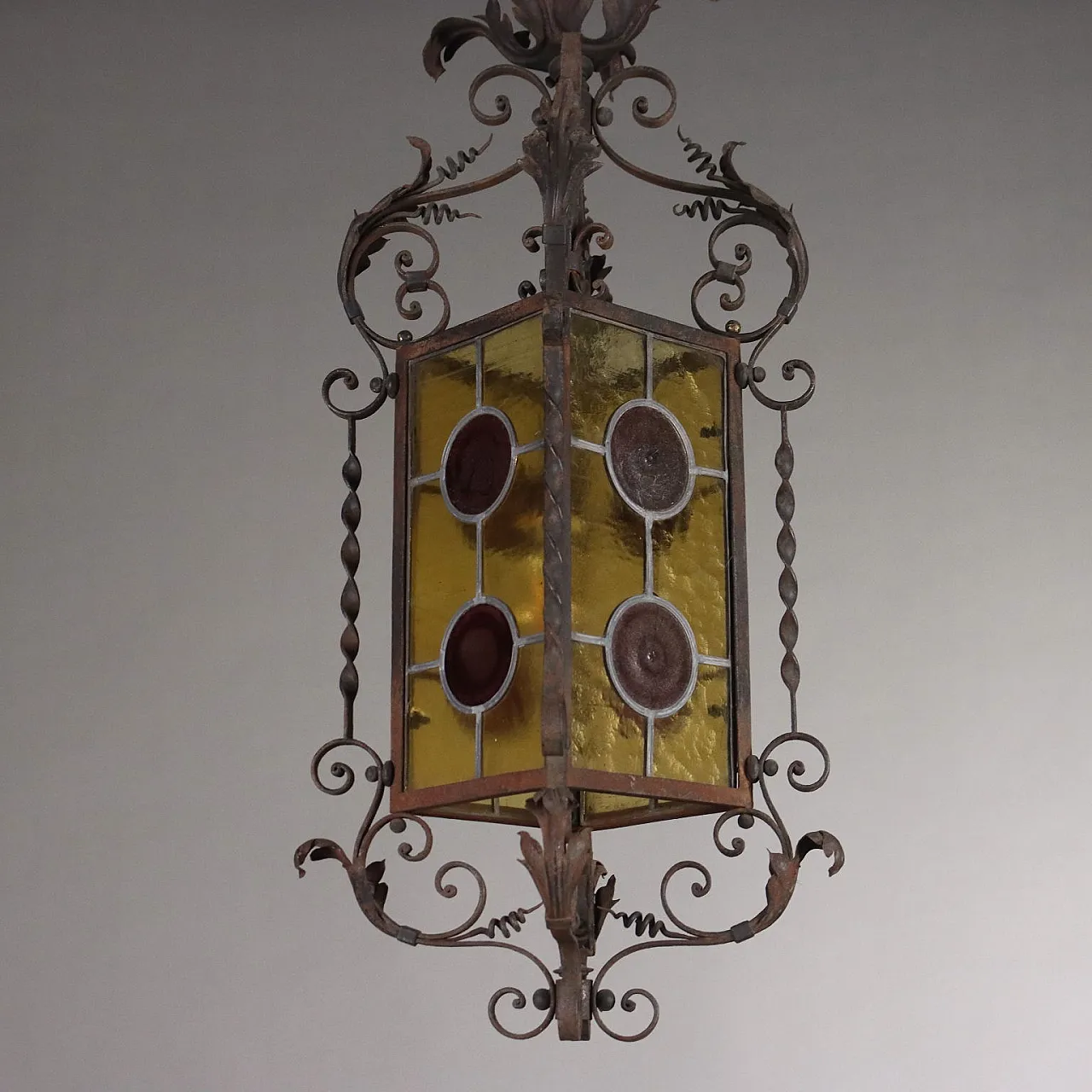 Art Nouveau lantern in wrought iron & leaded glass, 19th century 8