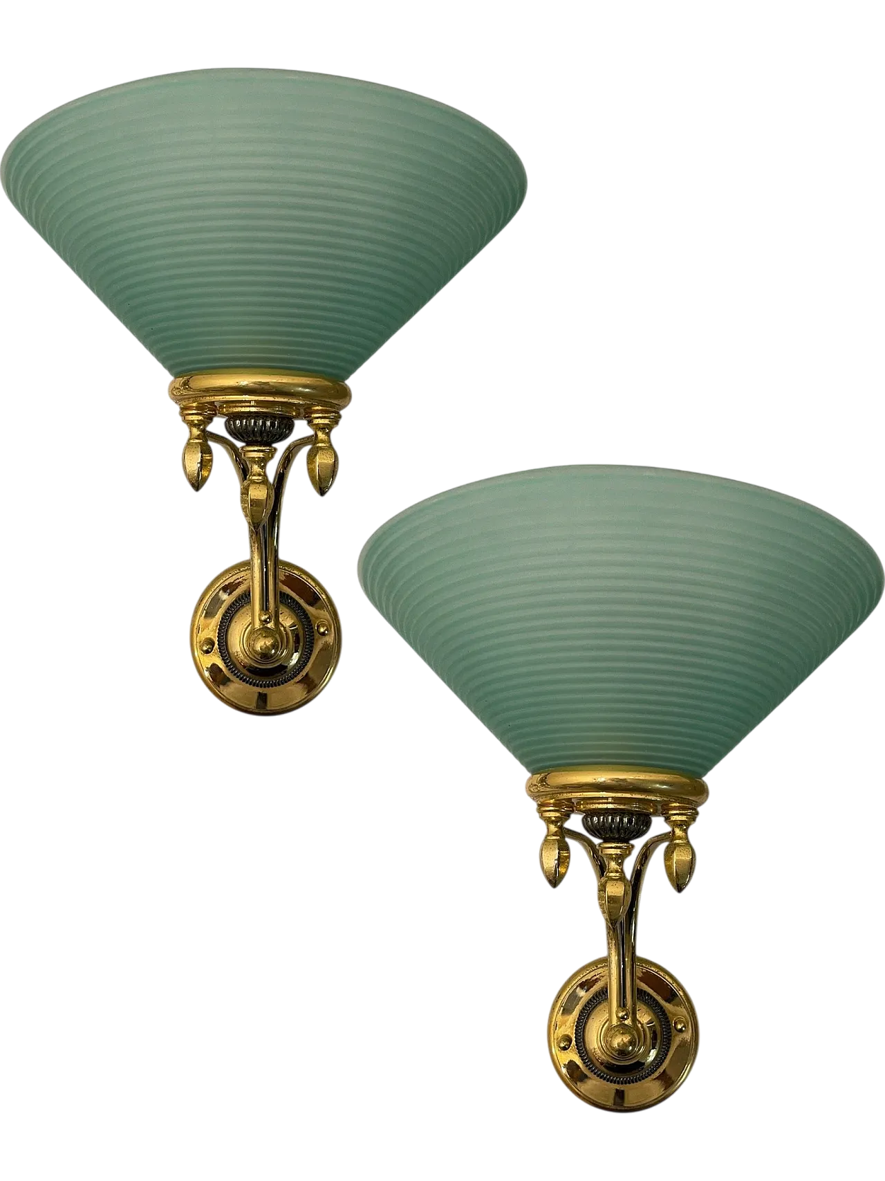 Large Brass and Green Murano Glass Sconces, 1970s, Set of 2 12