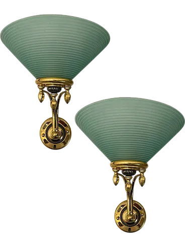 Large Brass and Green Murano Glass Sconces, 1970s, Set of 2