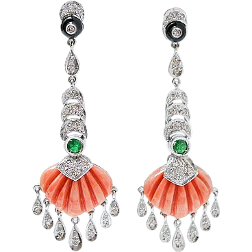 Platinum earrings with coral, onyx, tsavorite and diamonds, 1970s