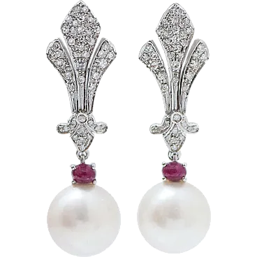 White gold earrings with white pearls, rubies and diamonds, 1970s