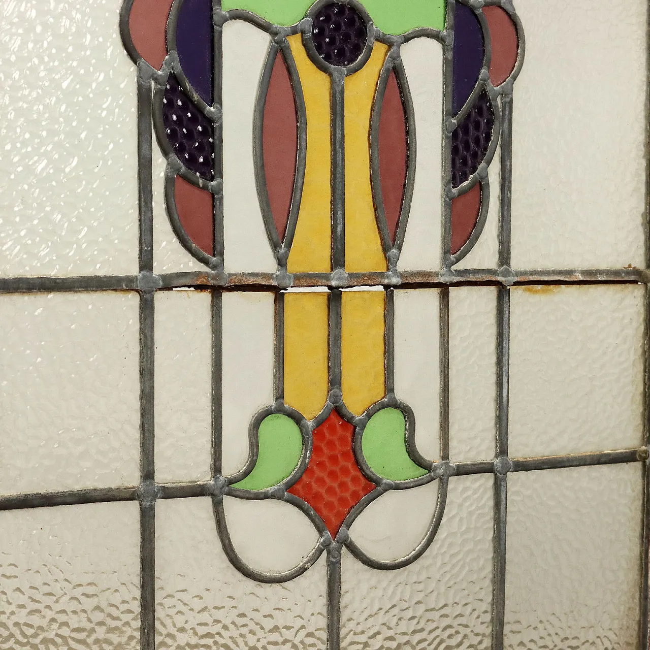 Pair of Art Nouveau leaded and stained glass windows with flowers 5