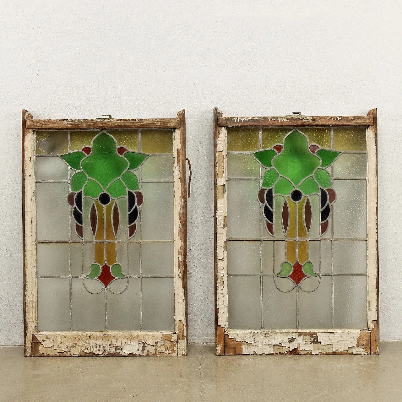 Pair of Art Nouveau leaded and stained glass windows with flowers 10