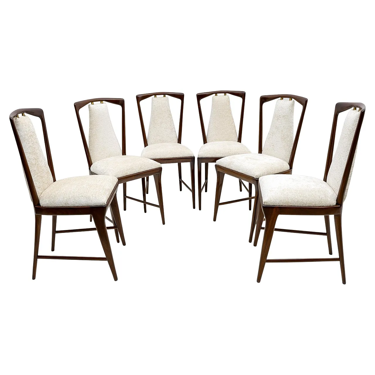 6 Osvaldo Borsani mahogany and bouclé dining chairs, 1950s 1