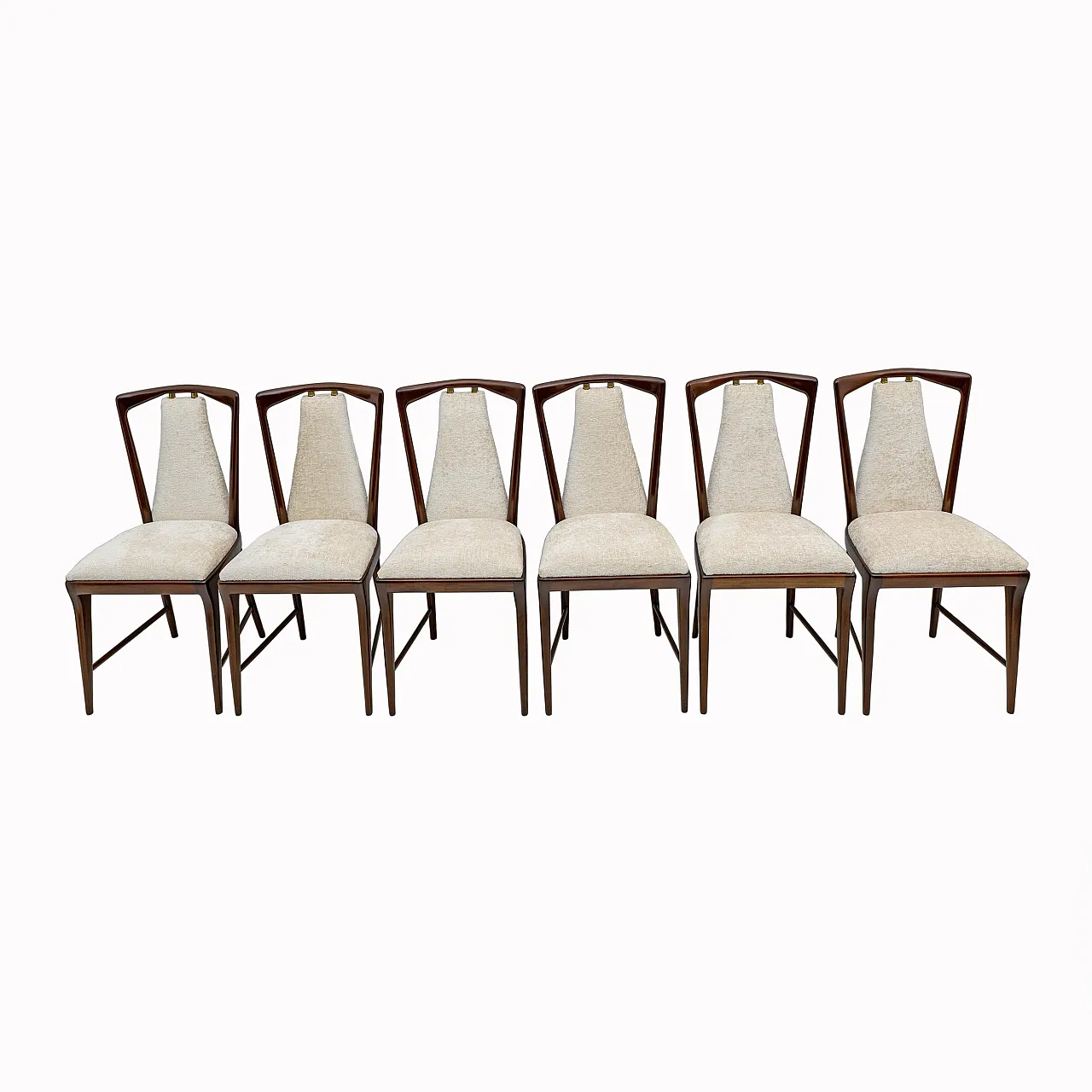 6 Osvaldo Borsani mahogany and bouclé dining chairs, 1950s 2