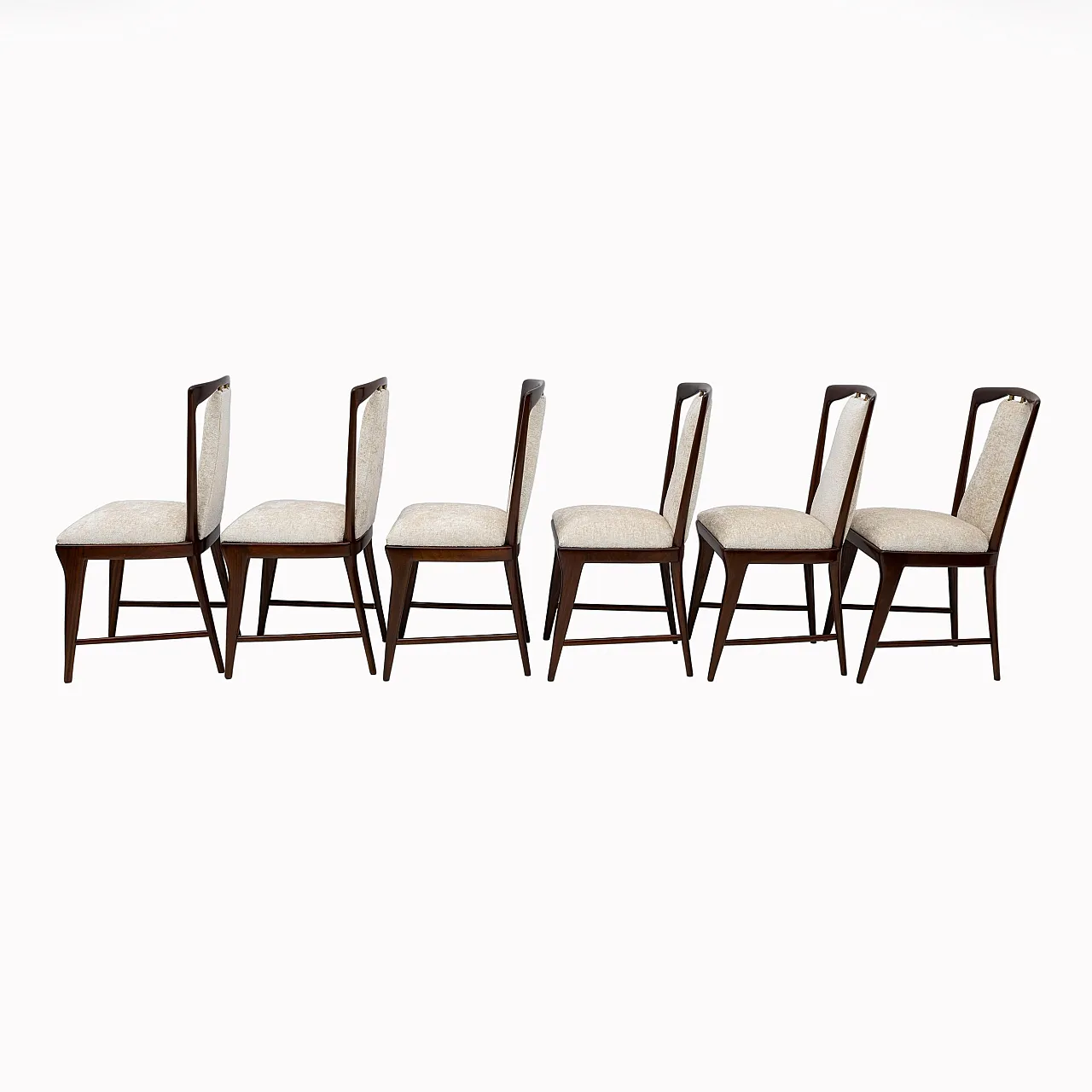 6 Osvaldo Borsani mahogany and bouclé dining chairs, 1950s 10