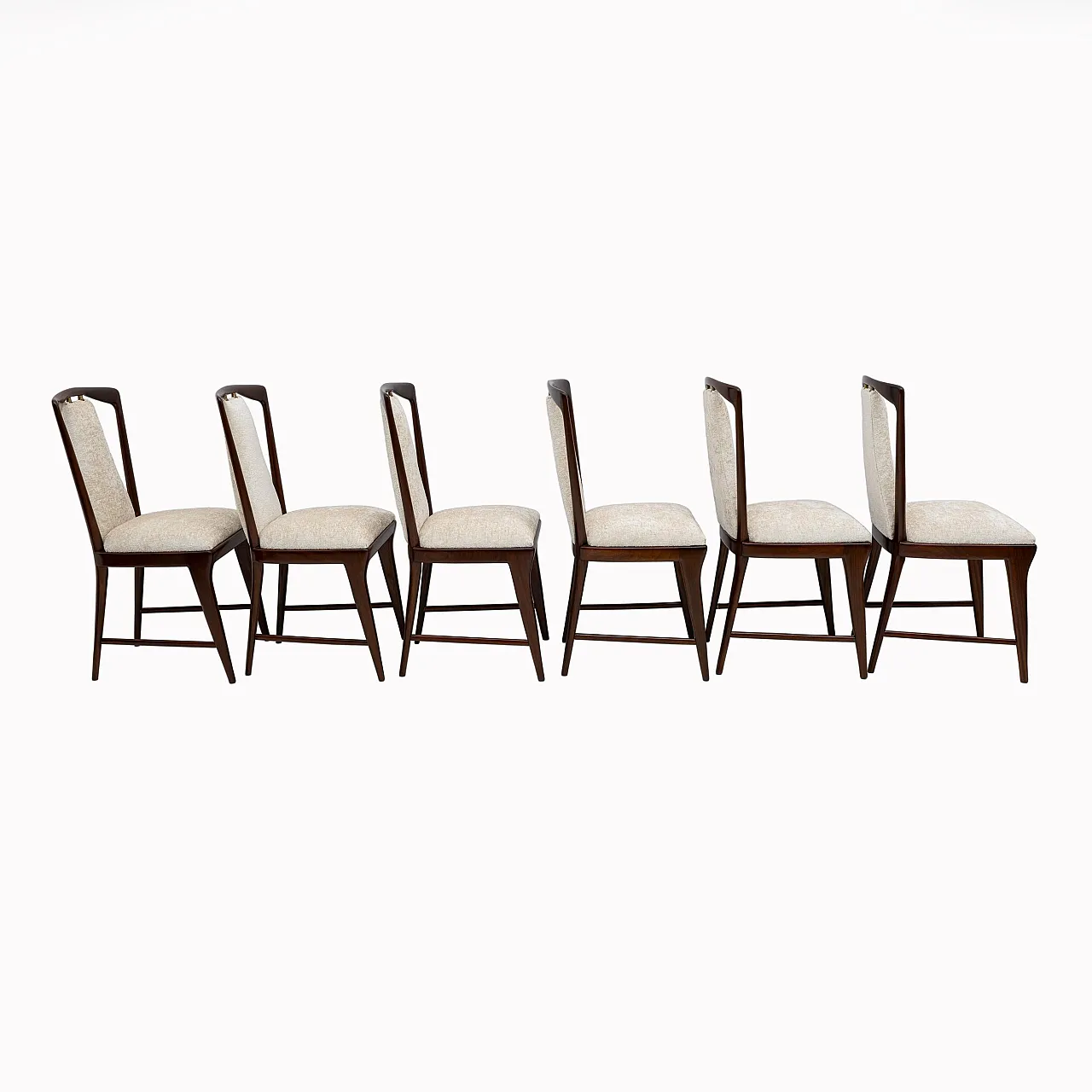 6 Osvaldo Borsani mahogany and bouclé dining chairs, 1950s 11