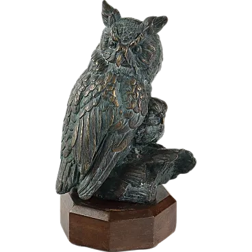 Small bronze with Owl mother and baby on wooden base, 20th Century