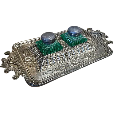 Victorian silver-plated and green glass inkwell, late 19th century